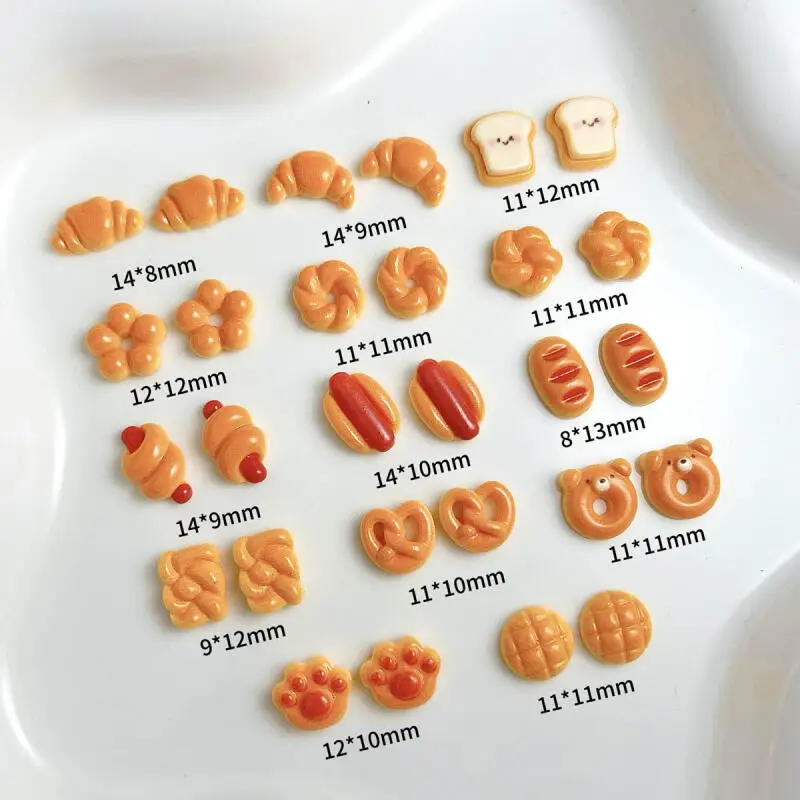 20Pcs New Cute Smiley Toast Bear Nail Charms Creative Simulated Sausage Bread Pineapple Bun Resin Nail Art Decorations for DIY