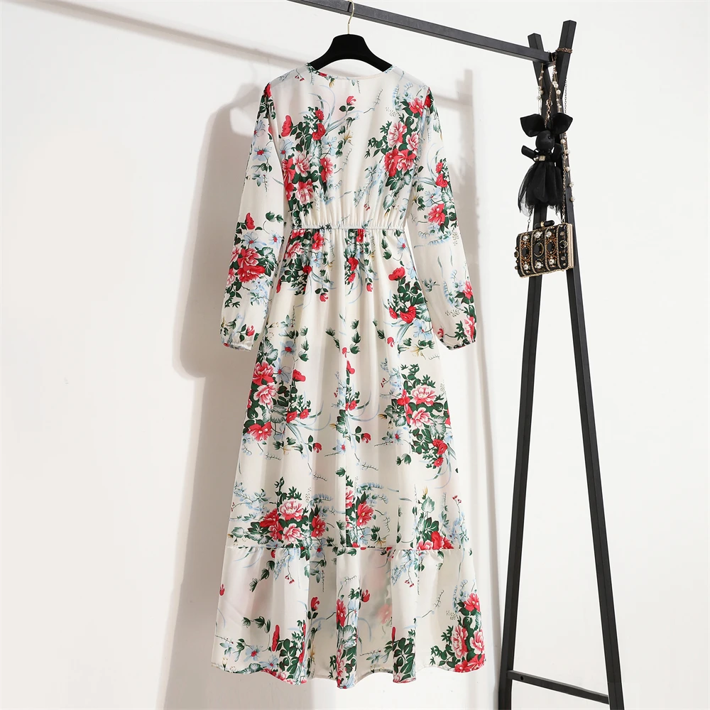 Spring Summer Women Maxi Dresses Office Lady Long Sleeve Floral Printed O-neck Woman Bohe Beach Party Long Dress Mujer Vestidos