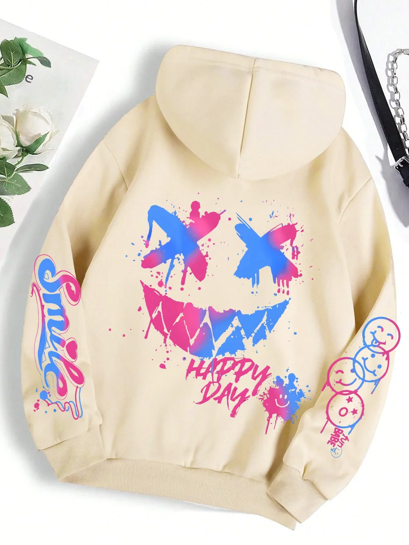 Happy Day Graffiti-Print Damen Hoodie Street Hip Hop Hoody Mode Rundhals Vielseitige Hoodies Vintage Oversize Kleidung für Frauen – Detail 17