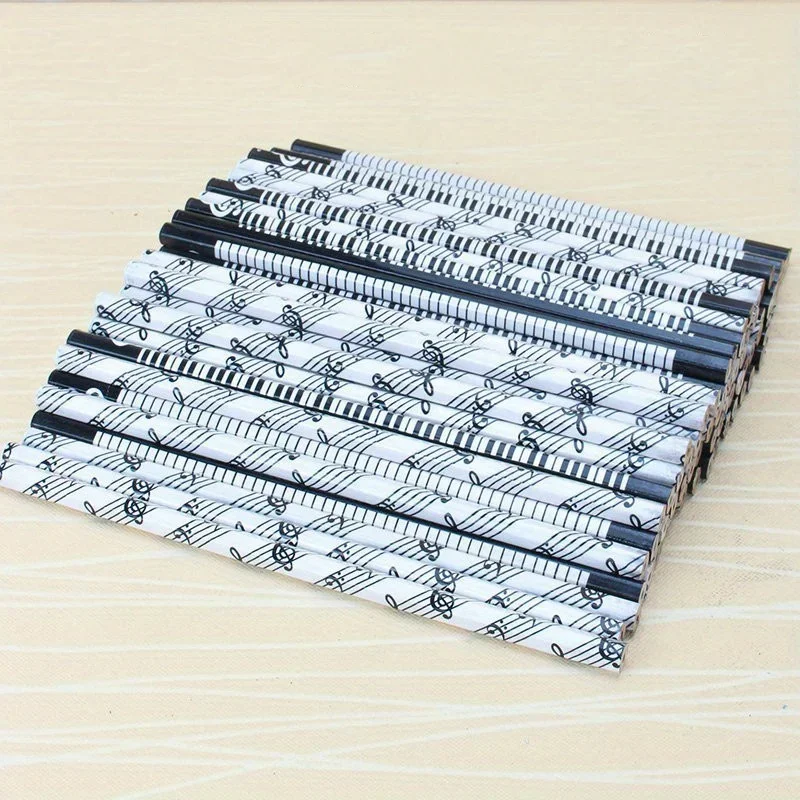 Music Note Print Wooden Pencils, Treble Clef Pattern HB Pencil, Black White Musical Themed Writing Pencils for StudentStationery