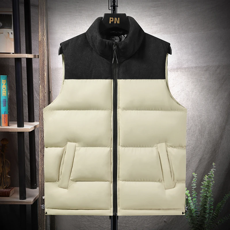 

New Warm Stand Collar High Jacket Vests Men's Black Ivory Middle Youths Parkas Autumn Winter Sports Style Loose Fit Male Vest