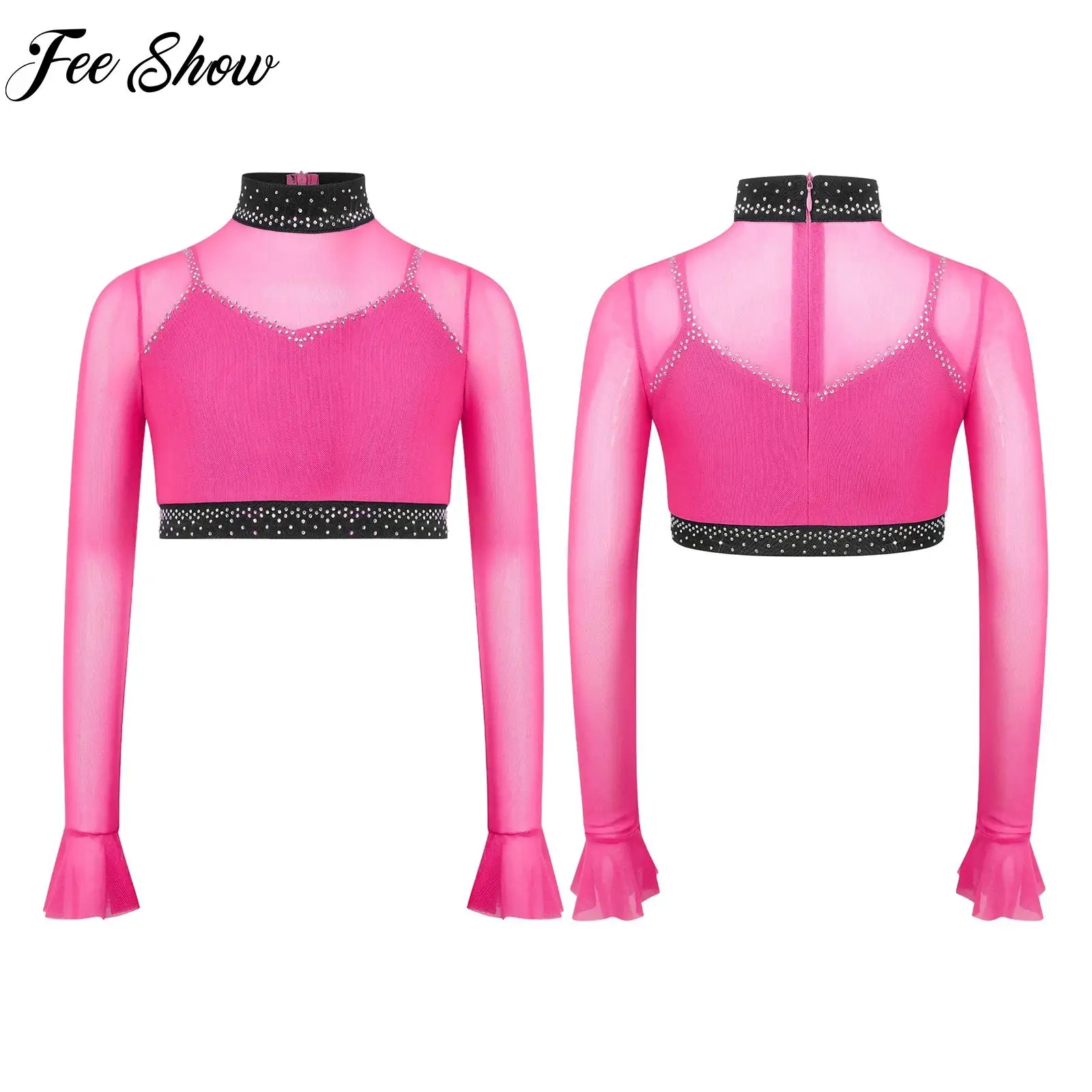 

Костюмы для гимнастики и балета для девочек: топ с длинными расклешенными рукавами, стразами и сетчатыми вставками, со встроенным топом-майкой, для фигурного катания