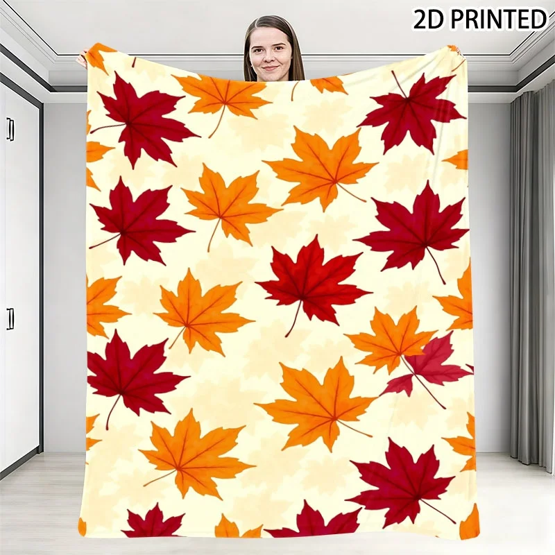 Soft Lightweight Autumn Maple Leaf Print Throw Blanket, Watercolor Style Red And Orange Leaf Pattern on Cream Background, Multip