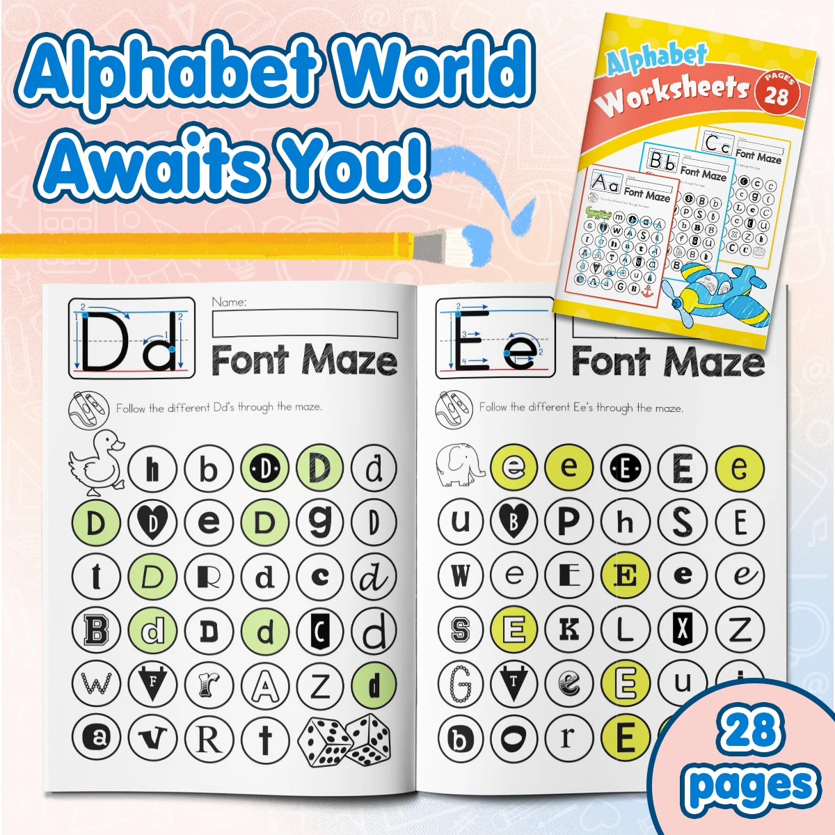Children's alphabet coloring book, cute cartoon patterns, preschool early education workbook, boost your baby's hands-on skills