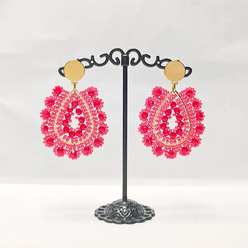 Beaded earrings Water drop Originality Crystal Flowers Red. Hand knitting Bohemia Alloy Fashion Simple Rice bead earrings