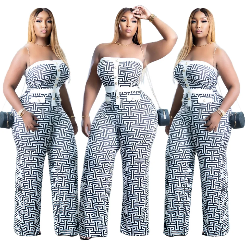 

FEOGOR large size women's false button breasted totem print Slim fashion casual street Jumpsuit Romper summer new 2023 hot sale