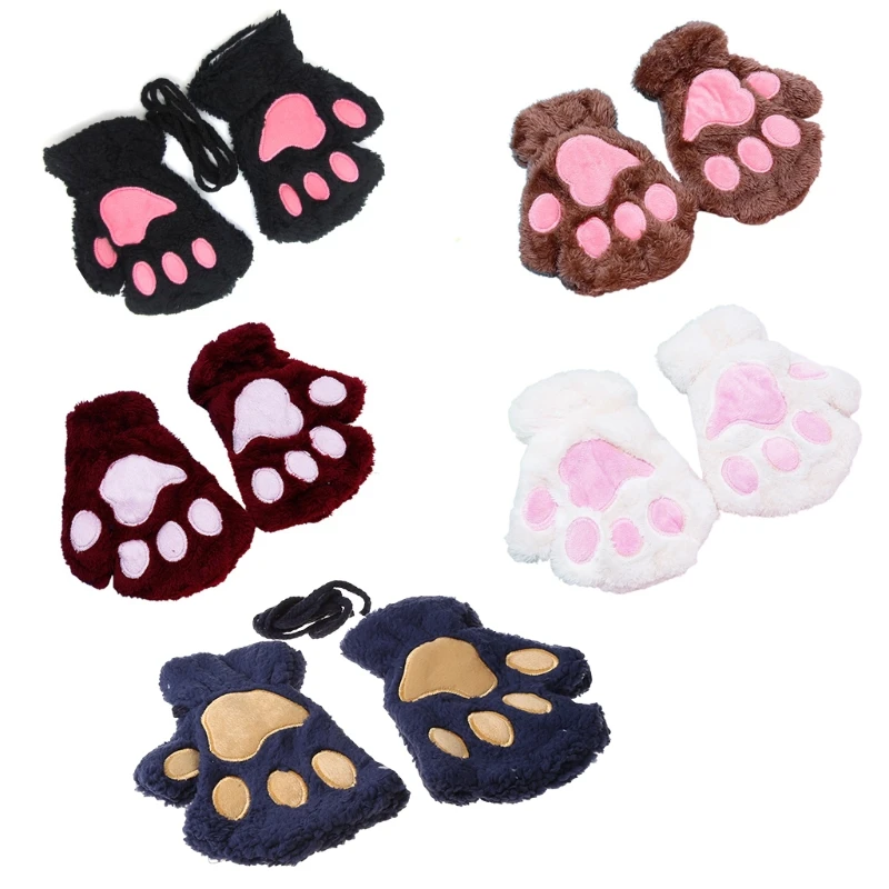 

Cartoon for Cat Claw Gloves for Women Girls Plush Exposed Fingers Mitte