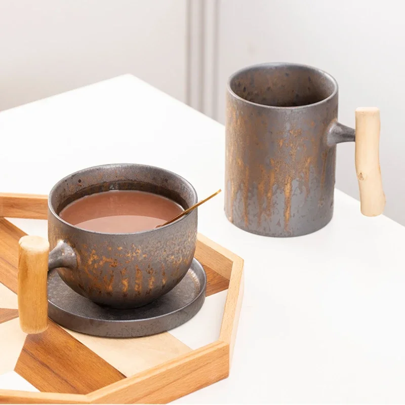 Japanese Style Ceramic Coffee Mug with Wooden Handle Vintage Large Capacity 600ml Rust Glaze Tea Mug Drinking Cups