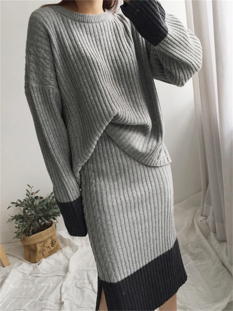 Women Sweater Winter 2 Piece Sets Elegnat Knitted Suits Female Sweaters Vintage Womens Skirt High Waist Autumn Vintage Vestidos