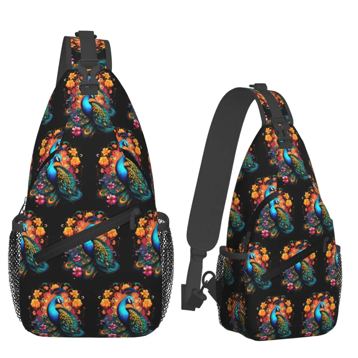 Peacock With Feathers Flowers Chest Bag Men Sling Crossbody Backpack Chest Bag Traveling Hiking Daypack Shoulder Bag