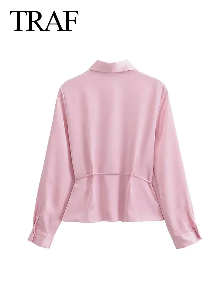 TRAF Woman New Fashion Spring Casual Shirt Pink Turn-Down Collar Long Sleeves Lace-Up Decorate Single Breasted Female Blouses