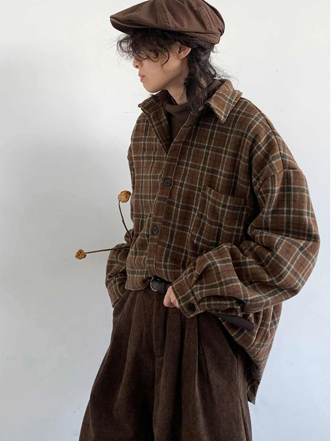 

Retro Japanese Plaid Long Sleeve Shirt Unisex Casual Classic Style Polyester Fiber Warm Non-Ironing Men's Women's Coat