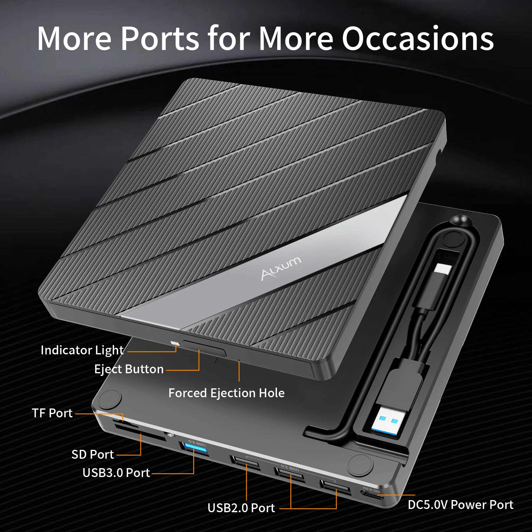 T040A USB 3.0 External Mobile Drive DVD CD Burner with Hub 24X CD & 8X DVD Writer SD MicroSD Card Reader for Windows Mac Linux