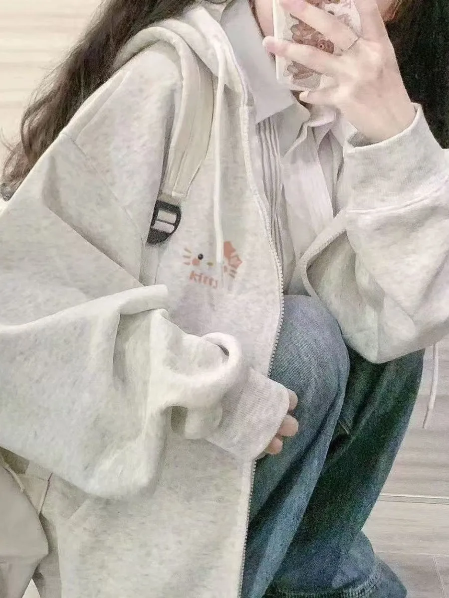 

Korean Style Cute Cartoon Print Hooded Open Cardigan Sweatshirt Women's Loose Design Casual Outerwear Spring Autumn New Arrival