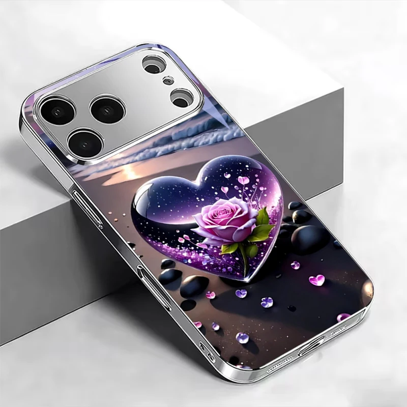 Funda para Teléfono con Diseño de Corazón y Rosa Morada, Plateada Electrochapada, para iPhone 12, 17, 16, 15, 14, 13, 11 Pro Max Plus, 16E, 17Air, XR, 7, 8, X