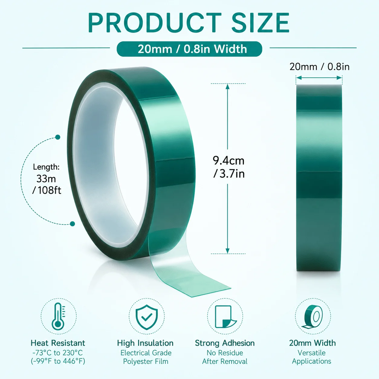 6 Rolls Heat Resistant Tape, 20mm x 33m Wide PET High Temperature Tape, Heat Transfer Tape for Heat Press, PCB Protection