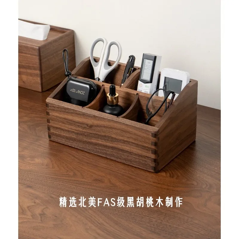 

Black walnut remote control storage box living room office coffee table desktop sundries grid finishing box retro light luxury