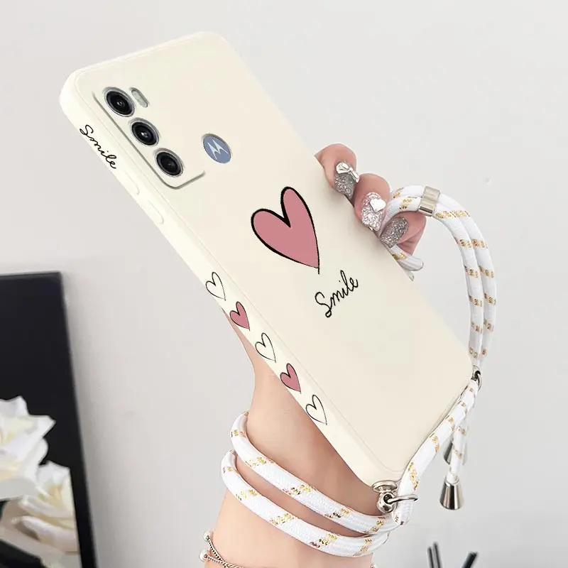 G60 Big Red Heart Lanyard Silicone Phone Case dla Motorola Moto G60 G42 G62 G54 G30 G60S G40F G72 G34 G100 G22 G84 G24 G52 Cover