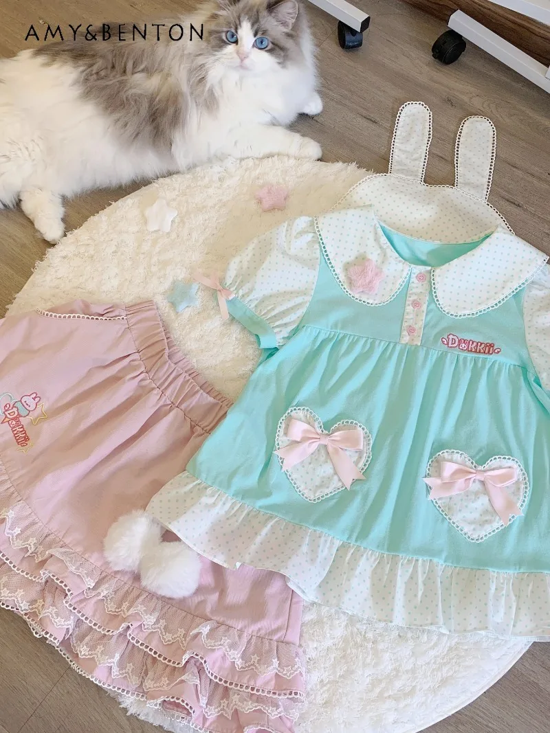 

2025 Cute Original Design Sense Sweet Embroidery Japanese Bow Pure Cotton Summer Soft Cute Daughter Suit For Girl