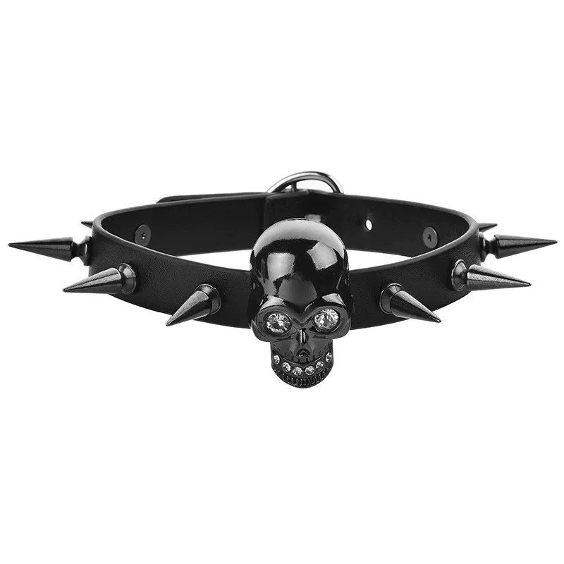 

European and American Fashion Cool and Handsome Rock Punk Skull Necklace Pointed Rivets Dark Gothic Choker Rock Punk Handsome