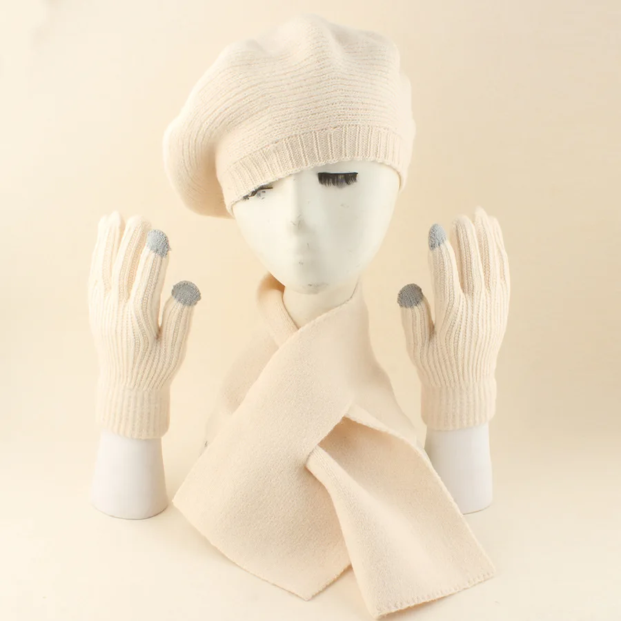 Womens British Style Knitted Beret 3Pcs Autumn Winter Cashmere Set Beret Scarf Gloves For Lady Outdoor Daily Wear Gift