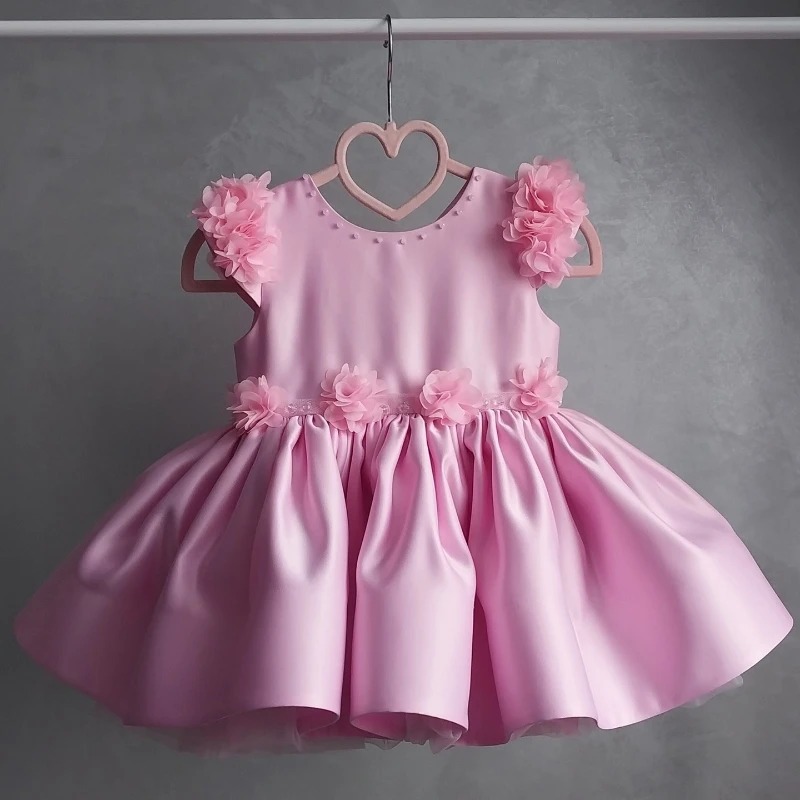 2026 Kids Princess Dress Clothes Pink 3D Flower Toddler Tutu Baby Girl Satin First Birthday Formal Pageant Gown Children Costume