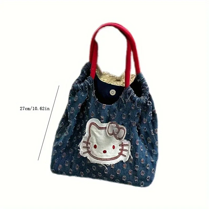 Sanrio HelloKitty Denim Handbag Retro Patch Design Large Capacity Canvas Single Shoulder Handbag Cartoon Single Shoulder Handbag