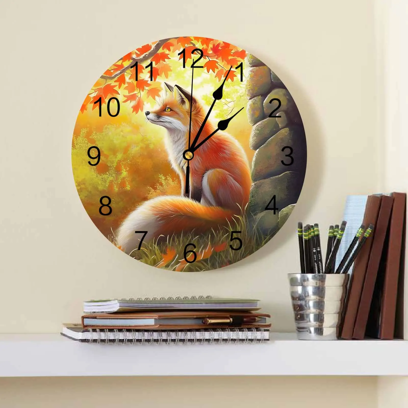 Autumn Maple Leaf Fox Stone House Printed Wall Clock Modern Silent Clock Living Room Home Decor Wall Hanging Watch