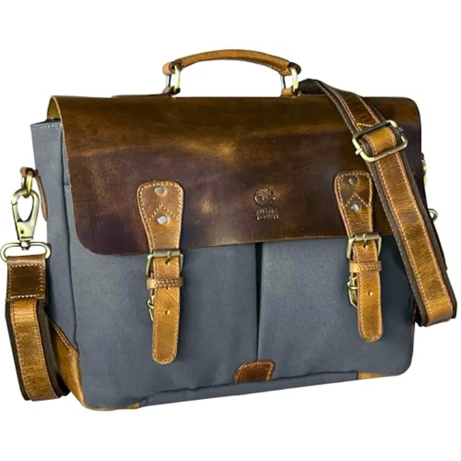 Leather Canvas Messenger Bag for Men Women - Vintage Laptop Satchel Leather Briefcase 14 Inch