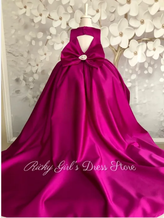 Elegant Satin Customized Flower Girl Dress For Wedding High Low Hot Pink Kids Birthday Party First Communion Gown With Train