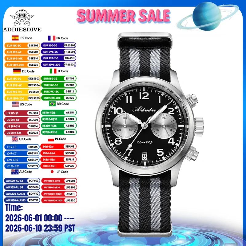 

ADDIESDIVE Hot Men's Watch 316L Stainless Steel BGW9 Luminous 10Bar Waterproof Chronograph Watch VK64 39mm Quartz Watches AD2538