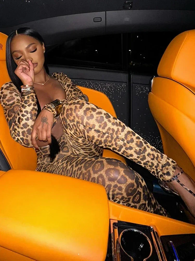 UOSU Leopard Print Jumpsuit Women Wild Hollow Low-Neck Sexy Skinny Full Sleeve Peach Hip Midnight Party Overalls Clubwear