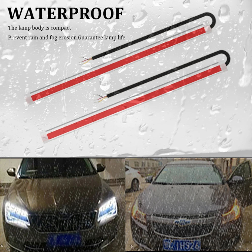 2Pcs New Highlight DRL LED Strip Turn Signal Light Sequential Yellow Bright Flexible Daytime Running Light 12V Car Headlight