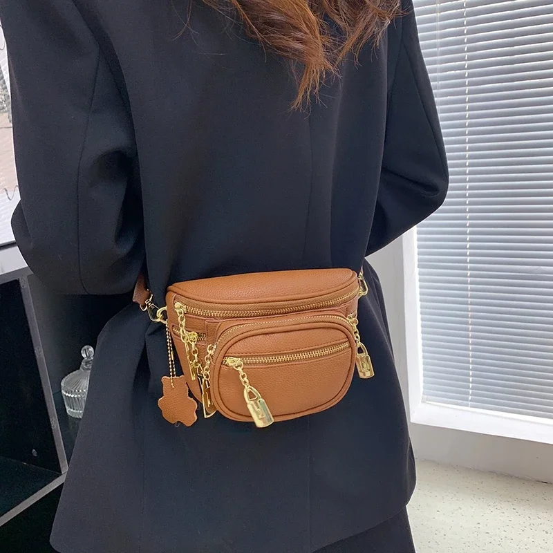 2024 High Quality Soft Leather Crossbody Bag For Women Multi Layer Pockets Waist Fashion Fanny Waist Pack Phone Purse Belt Bag