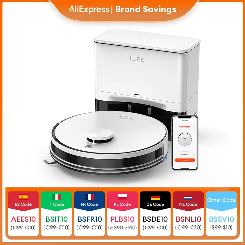 منظف روبوت Ilife a30 برو ، شفط فراغ ، إفراغ ذاتي ، سعة 60 يومًا ، تحكم عن بعد بتطبيق/دقيقة ، وقت تشغيل