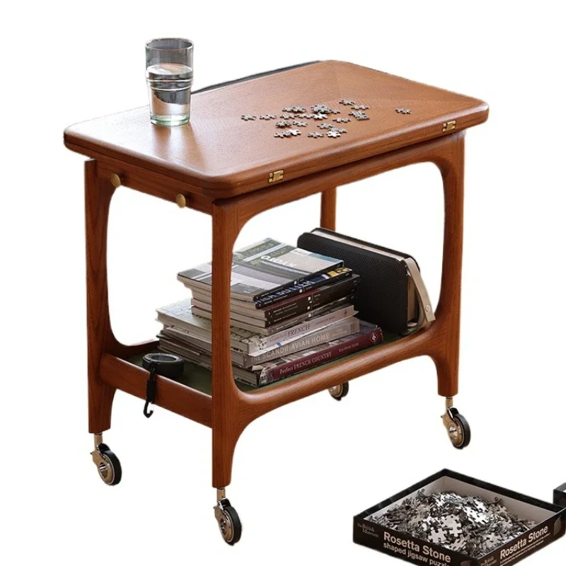 

Medieval solid wood tea table multi-functional mobile side table, living room household small apartment oak solid
