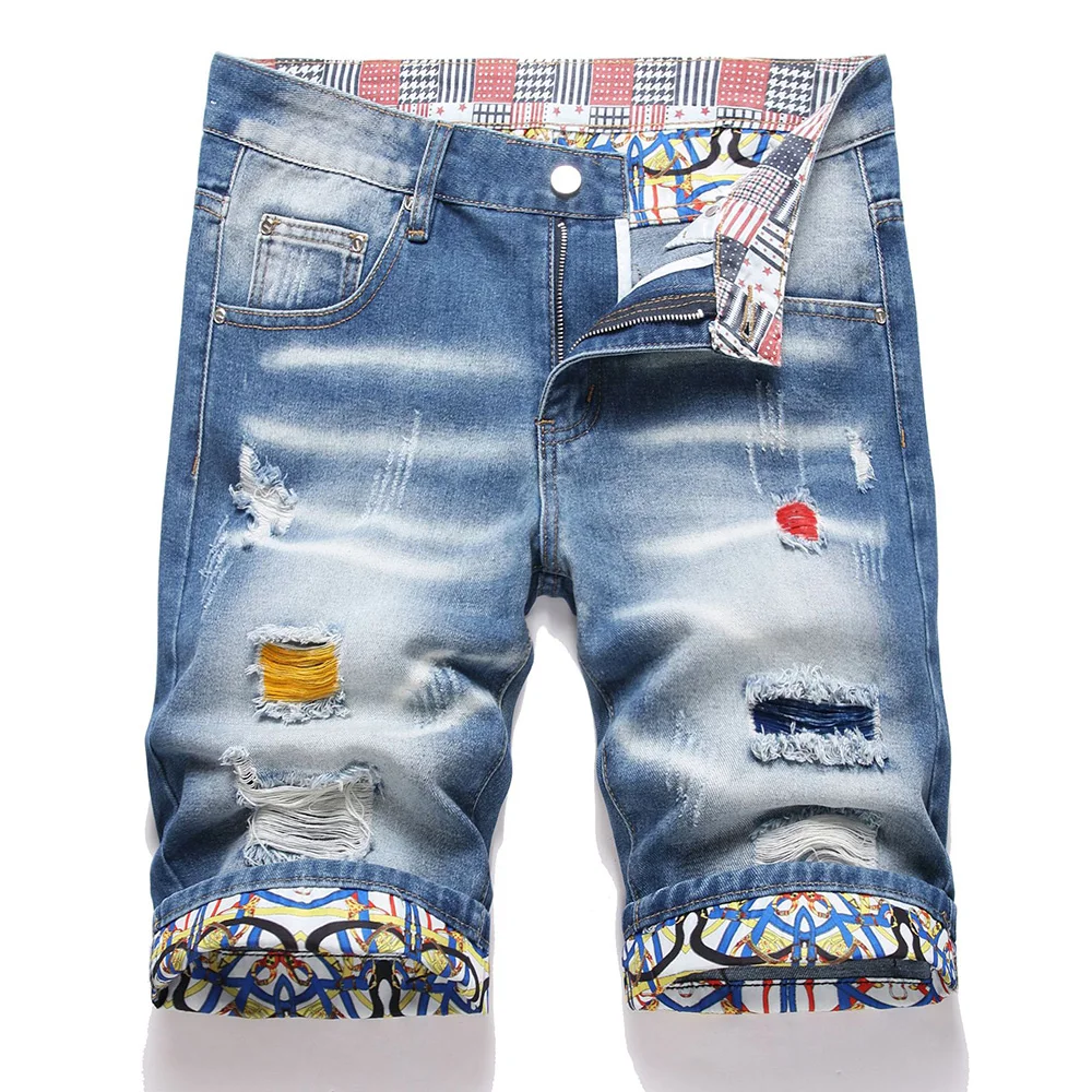 

Men's Summer Blue Denim Shorts Holes Ripped Colored Roll up Hem Jeans Knee Length Slim Straight Breeches