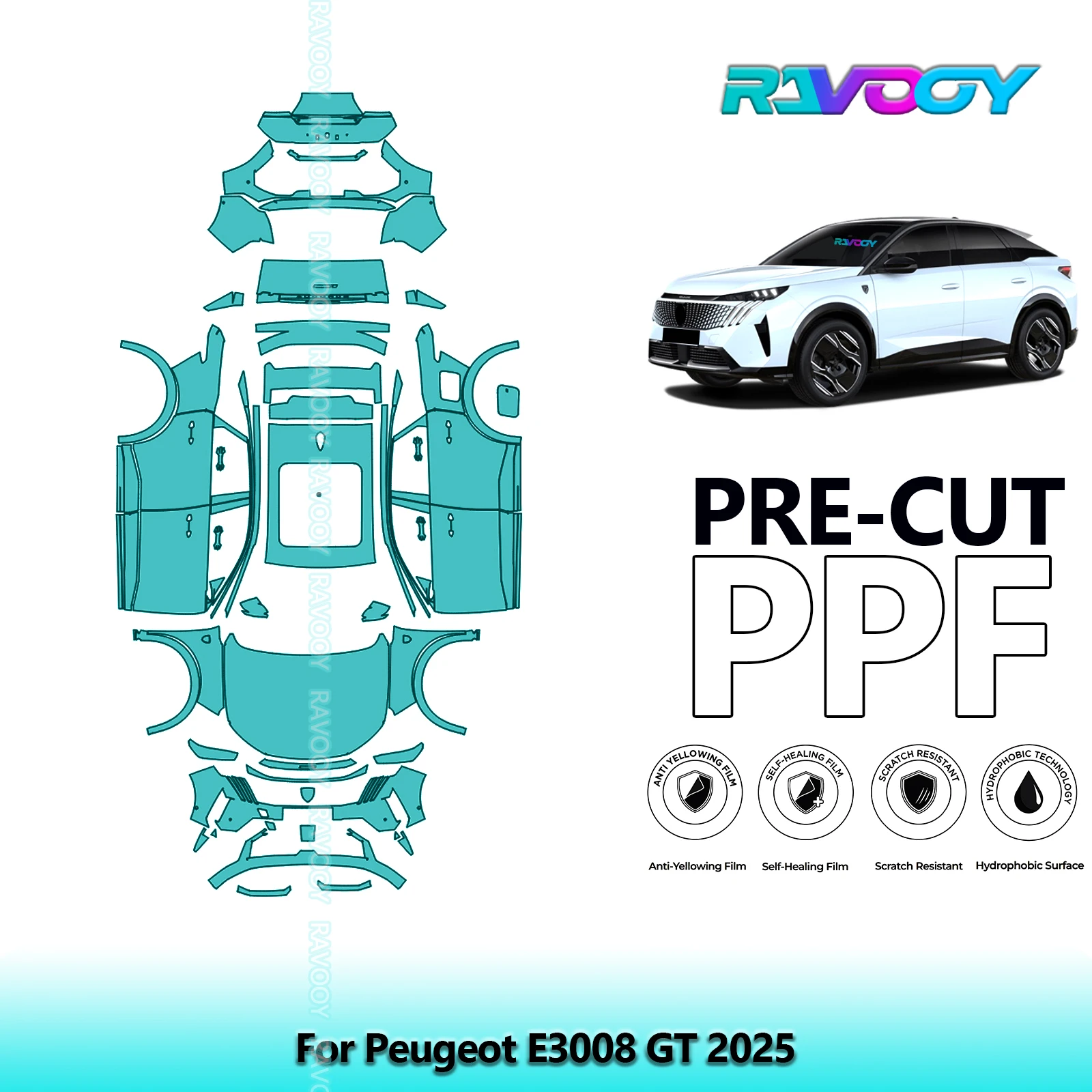 RAVOOY Vehicle-Specific Precut TPU Paint Protection Film Full Vehicle Stone Chip Guard For Peugeot E3008 GT 2025 EU UK Clear Bra