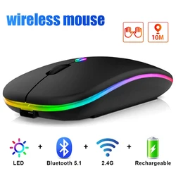 Ratón inalámbrico recargable con retroiluminación RGB para ordenador portátil y PC, Mouse silencioso ergonómico con receptor USB de 1600 Ghz, 5,1 DPI, Bluetooth 2,4