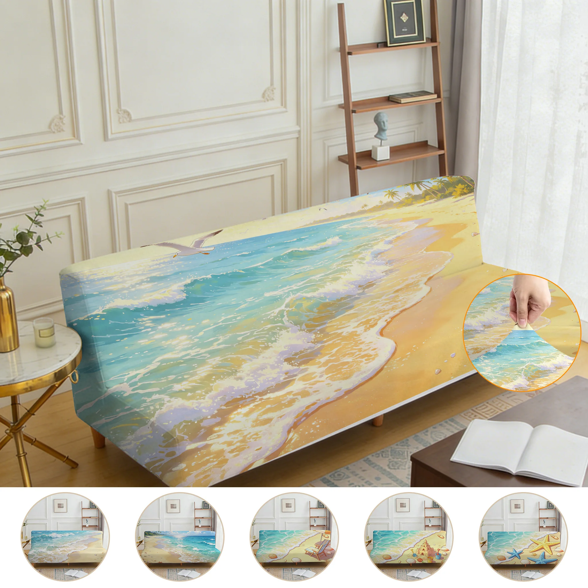 Armrest-free elastic sofa bed cover, anime wind beach printing pattern, dust-proof machine-washable sofa bed cover