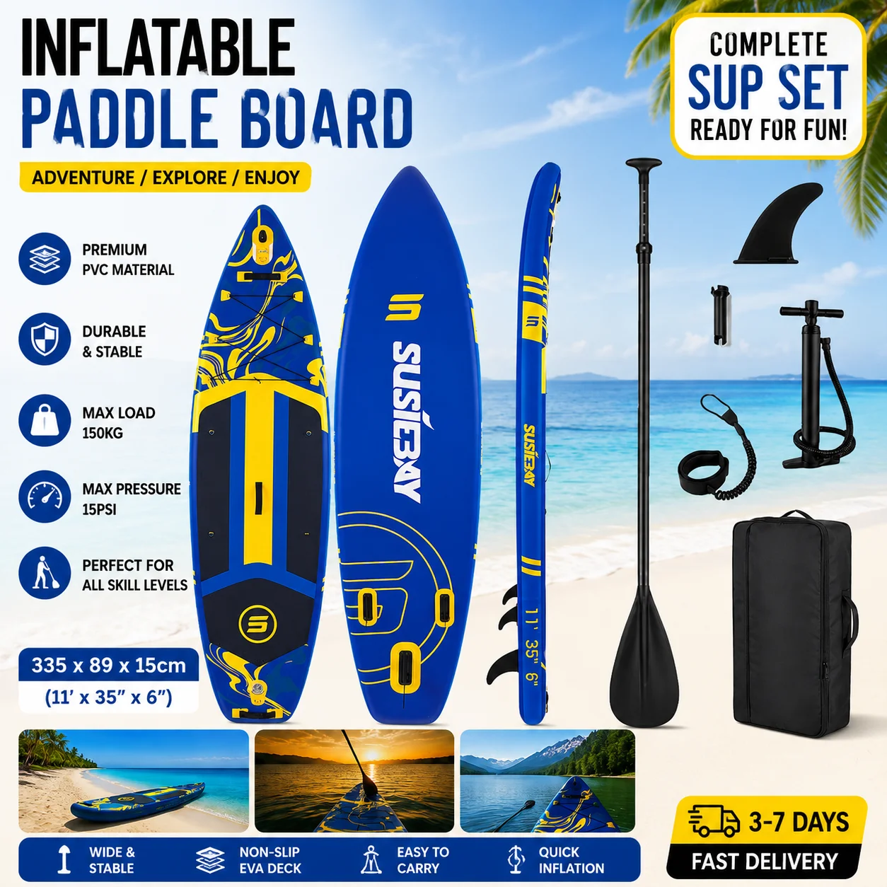 La planche à pagaie gonflable SURFWAVE 335x89x15cm est une planche de surf extra-large et extra-largeur adaptée à divers sports nautiques et offre une bonne sécurité.