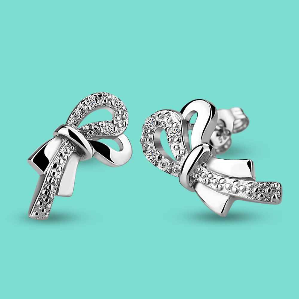 

Fashion Sweet Cute Silver Bow Earrings with Cubic Zirconia 925 Sterling Silver Stud Earrings Ladies Birthday Gift 1 Pair