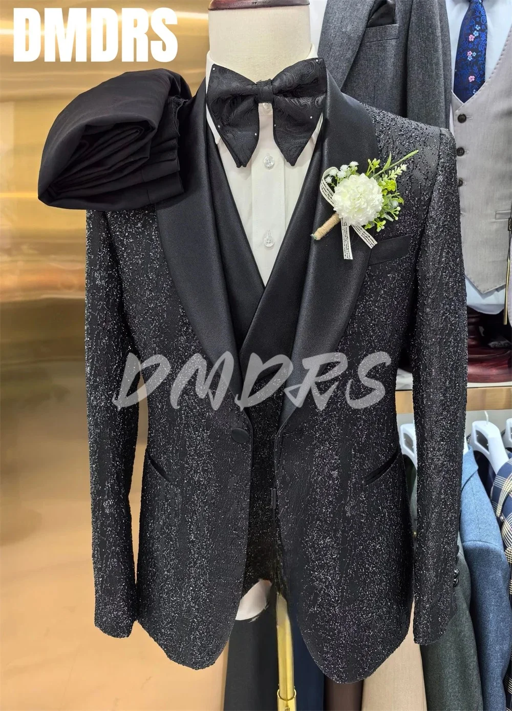 

Wedding Suits Men Business Fashion 3 Piece Set 2024 Slim Jacket Dress Blazers Coat Pants Trousers Sequin Single Breasted