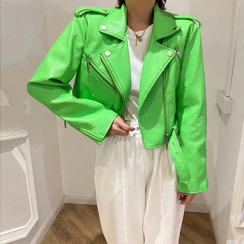 Spring Short Green Gecko Biker Leather Jacket Long Sleeve Zipper Belt Colored Stylish Outerwear for Women Fashion Crop Tops