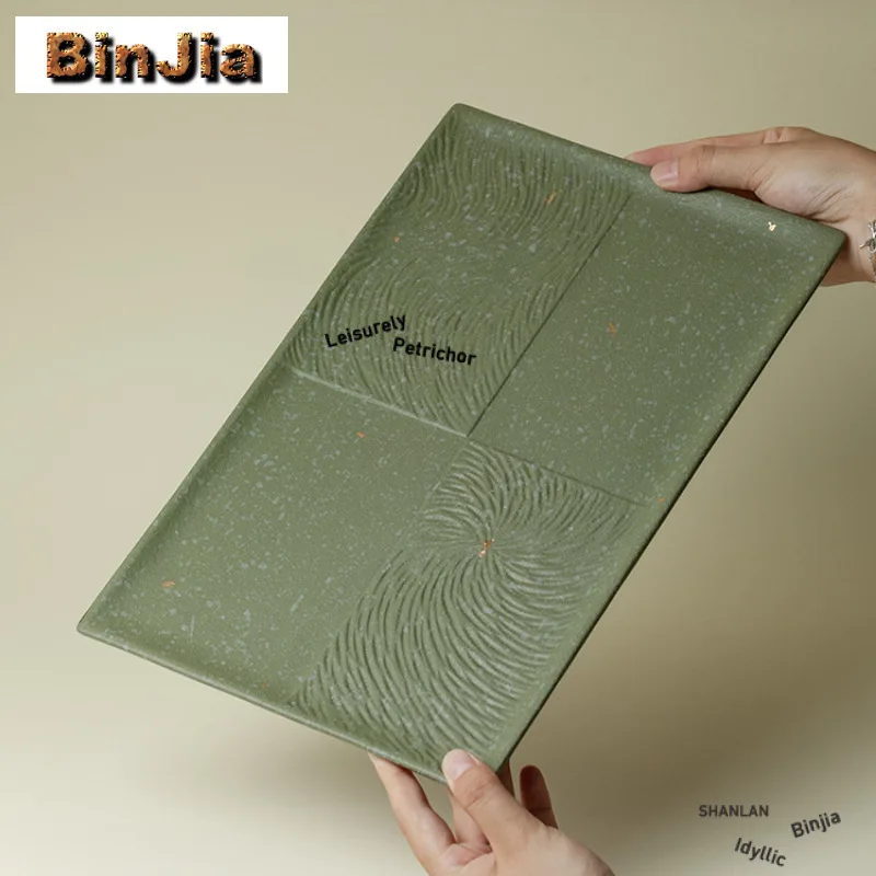 Bandeja de té Rectangular de cerámica gruesa verde, plato para aperitivos, tablero de almacenamiento de café, muebles de té, platos para servir té chino, regalo