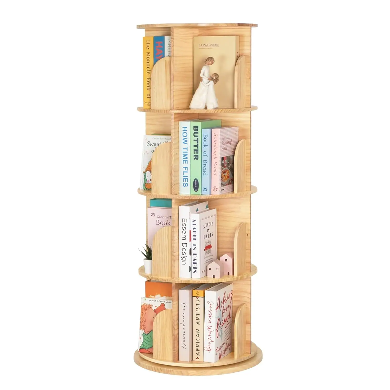 4-Tier Rotating Wood Bookshelf, 360° Spinning Storage Organizer for Kids Room, Customized