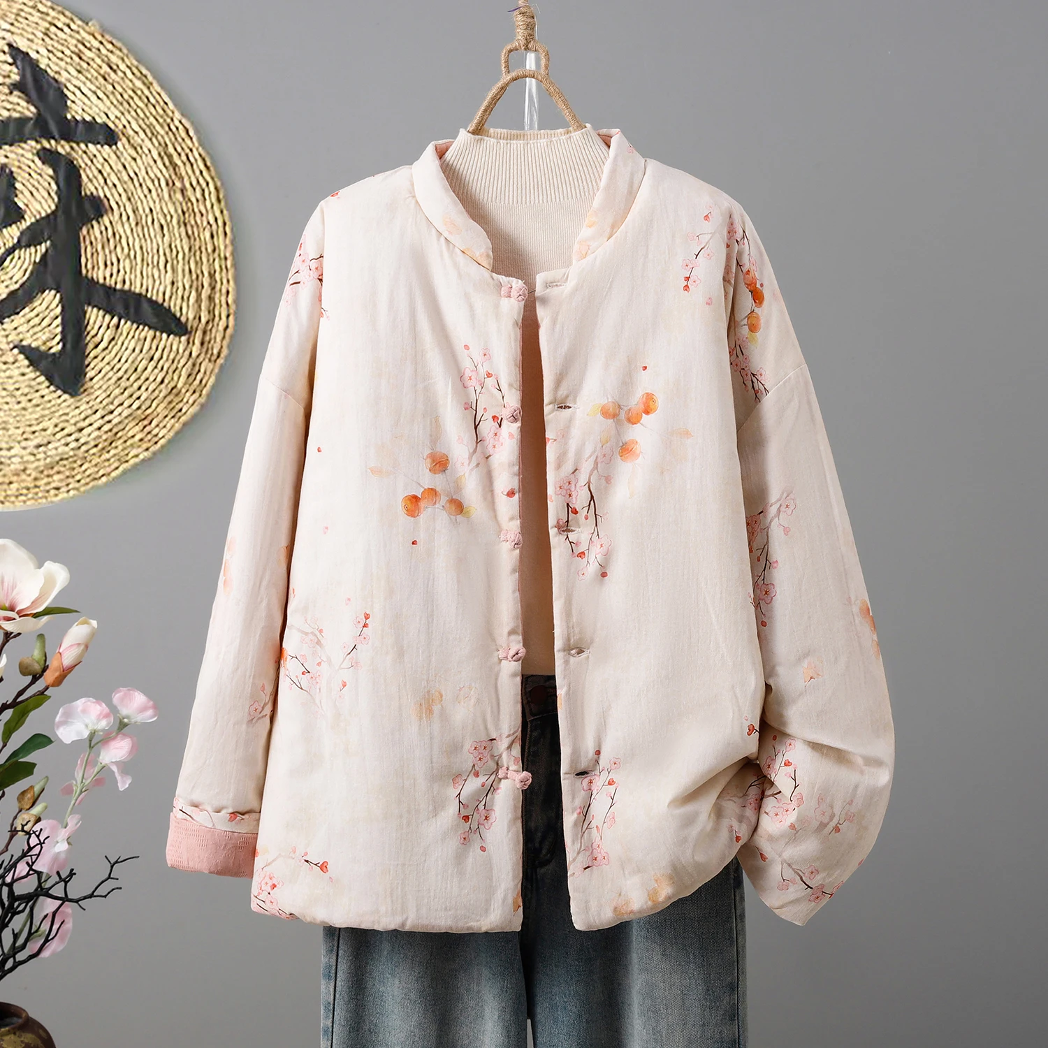 

Double-Sided Wear Retro Chinese Cotton Jacket Women's Winter Padded Thickened Cotton Coat Stand Collar Single Button Closure