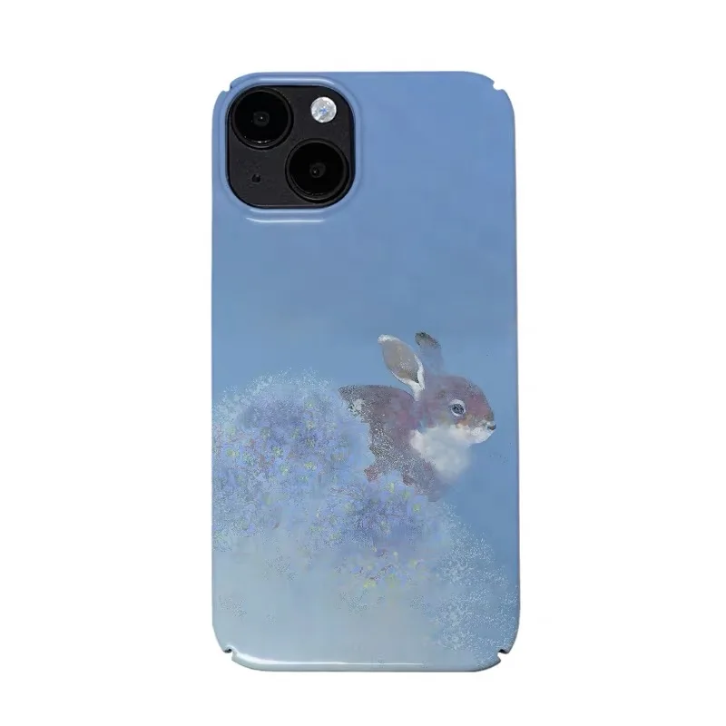 

Ins Korean Blue Dreamy Rabbit Oil Painting Case for IPhone 16E 15 14 13 12 11 Pro Max XS XSMax 8Plus Glossy Film Hard PC Cover