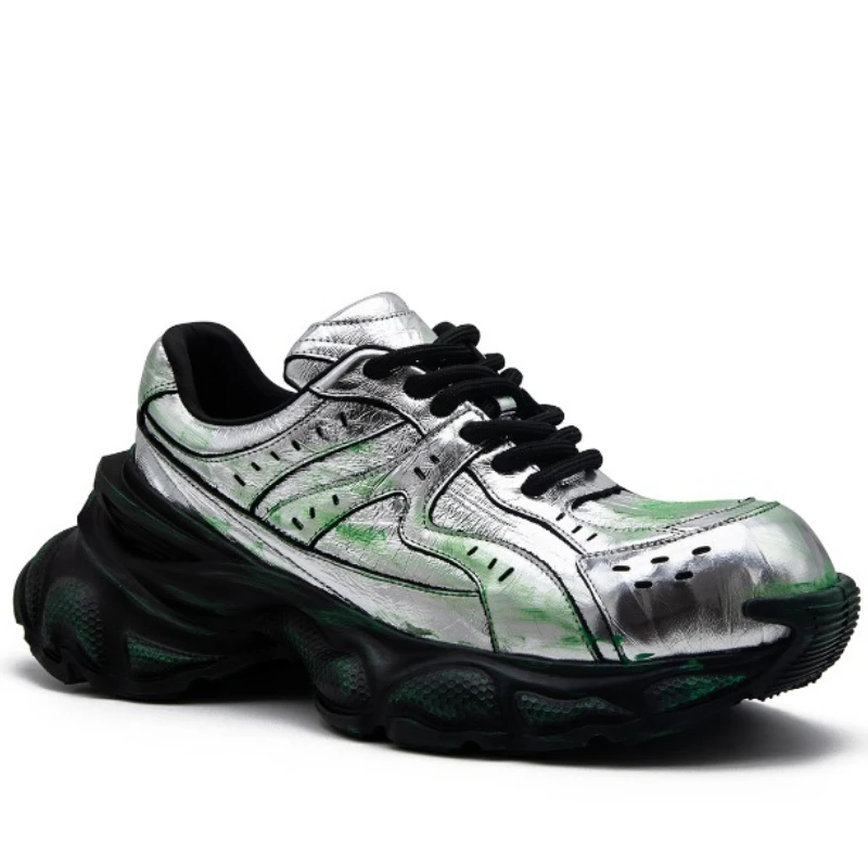 

Green Silver Function Retro Dad Shoes for Men's Genuine Leather Thick Soled Sports Shoes Europe/American Height Increasing Shoes