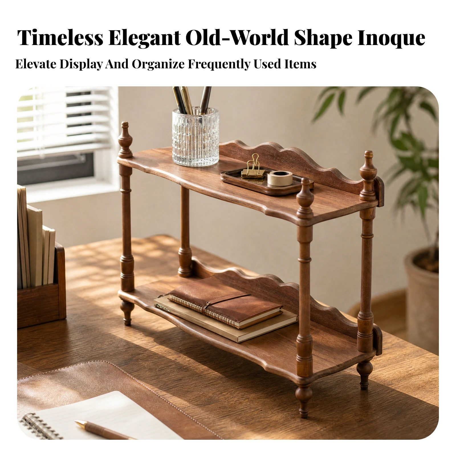 Desktop Wooden Storage Rack Raised-Edge Shelving Stacked Shelf Rack with Turned Support Posts for Office Desk, Bathroom Vanity